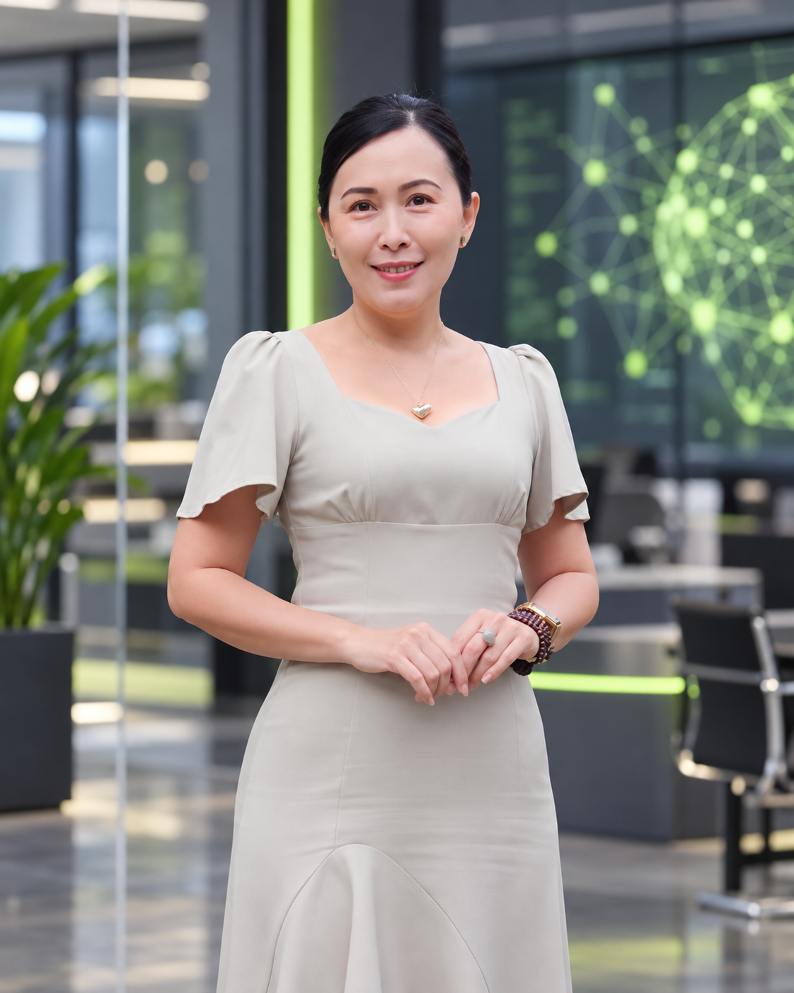 Half-body portrait of Yuen in a modern AI corporate office